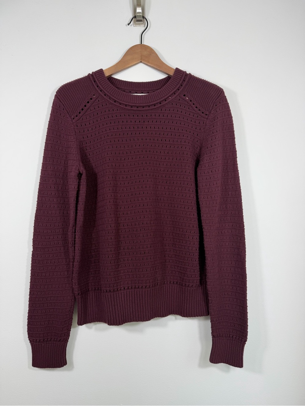 LOFT Women’s M Burgundy 100% Cotton Pointelle Knit Crewneck Sweater